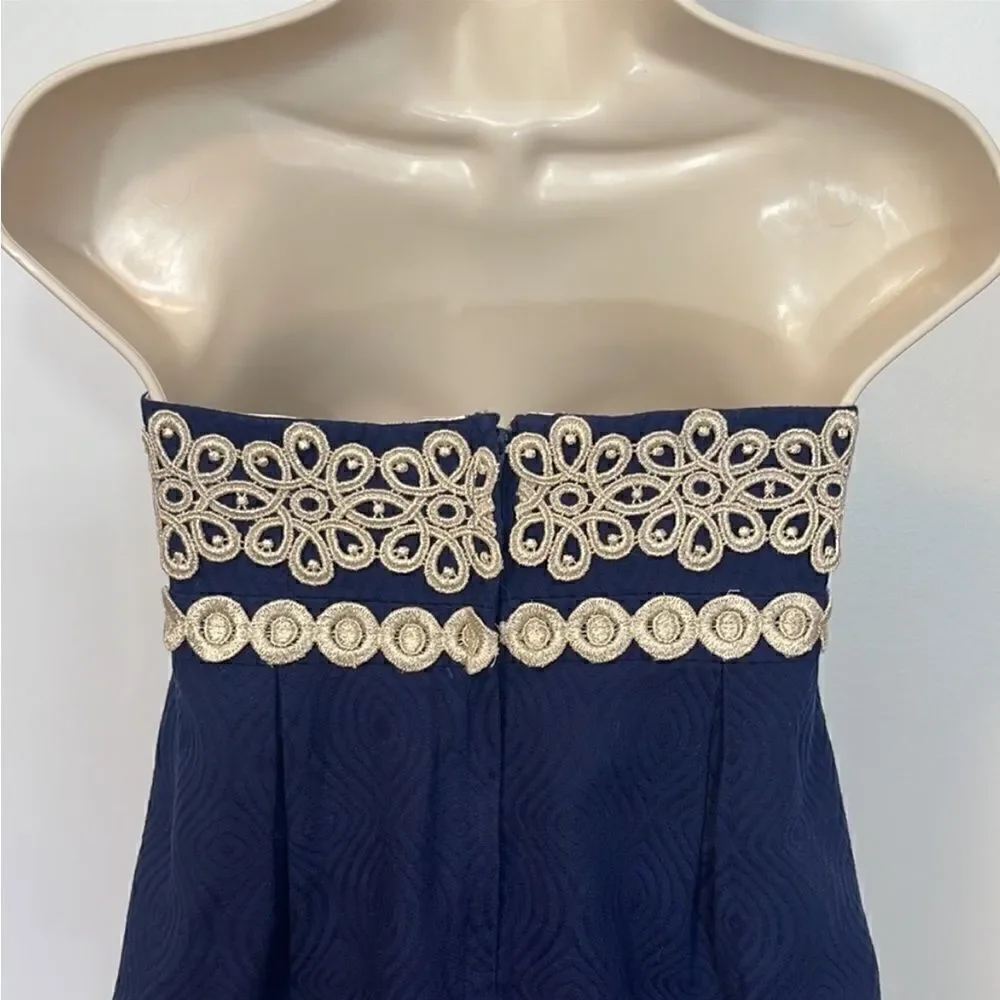 Lilly Pulitzer Betsey Navy and Gold Jacquard Strapless Dress Size 2 - Picture 4 of 16